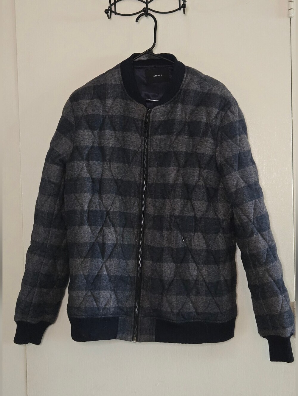 Stampd Men's Quilted Bomber Jacket - Navy Gray Plaid